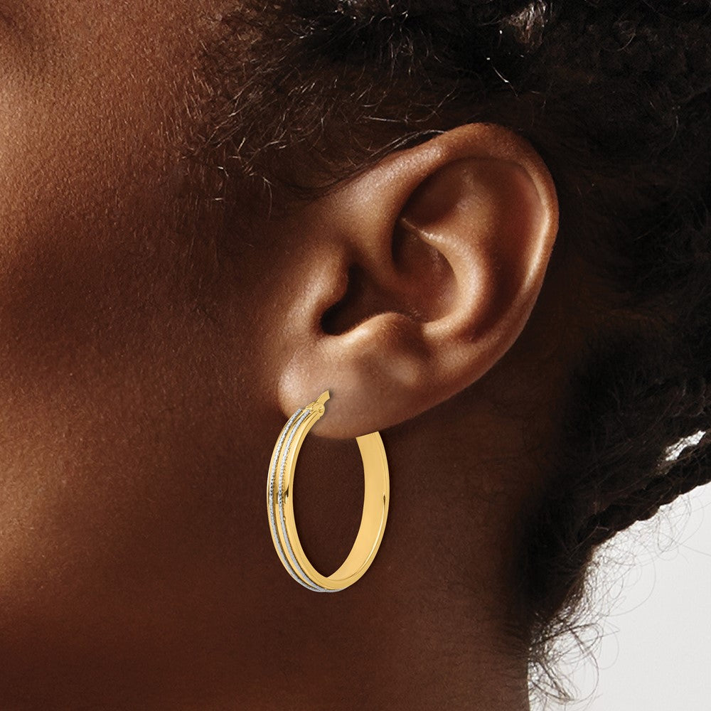 14K Yellow Gold Two-tone Polished and Diamond-cut Hoop Earrings