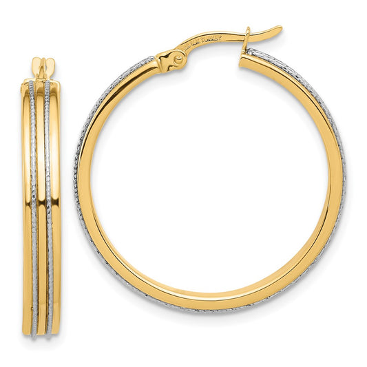 14K Yellow Gold Two-tone Polished and Diamond-cut Hoop Earrings