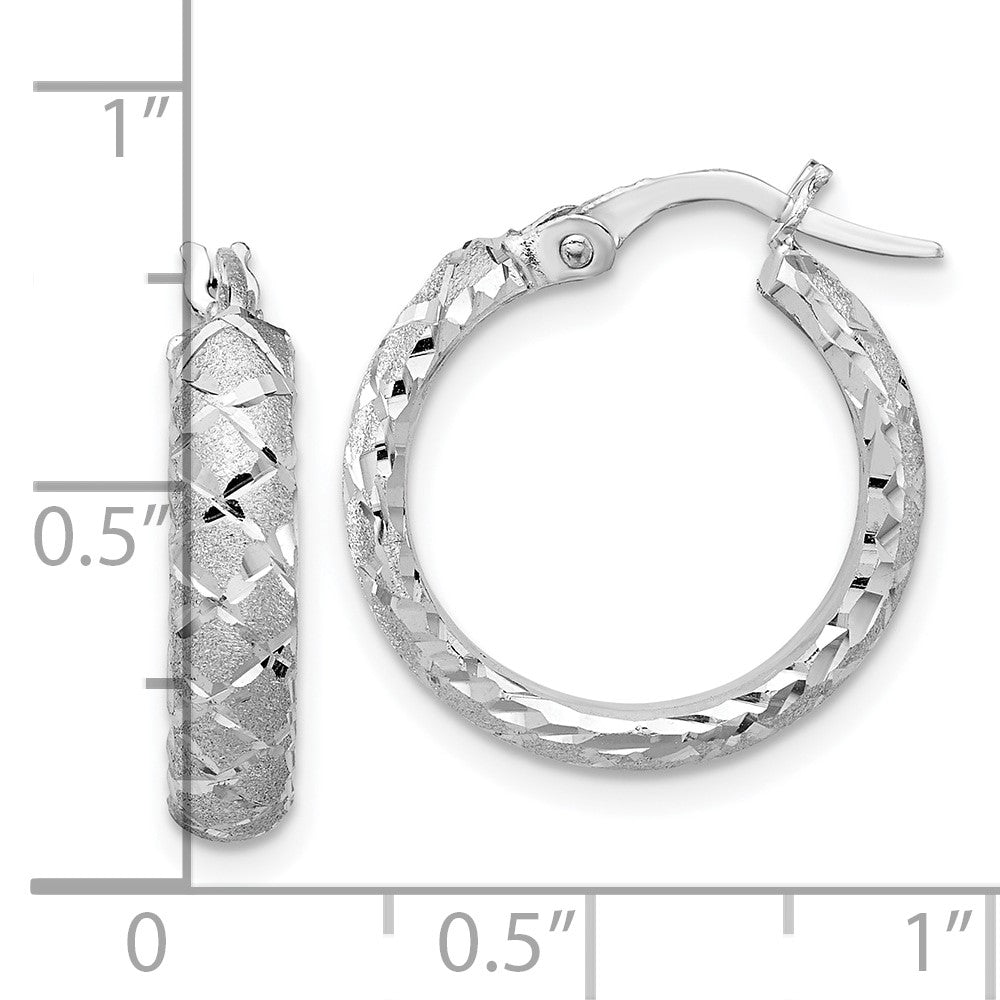 14K White Gold Satin Criss Cross 4mm Diamond Cut Hoop Earrings