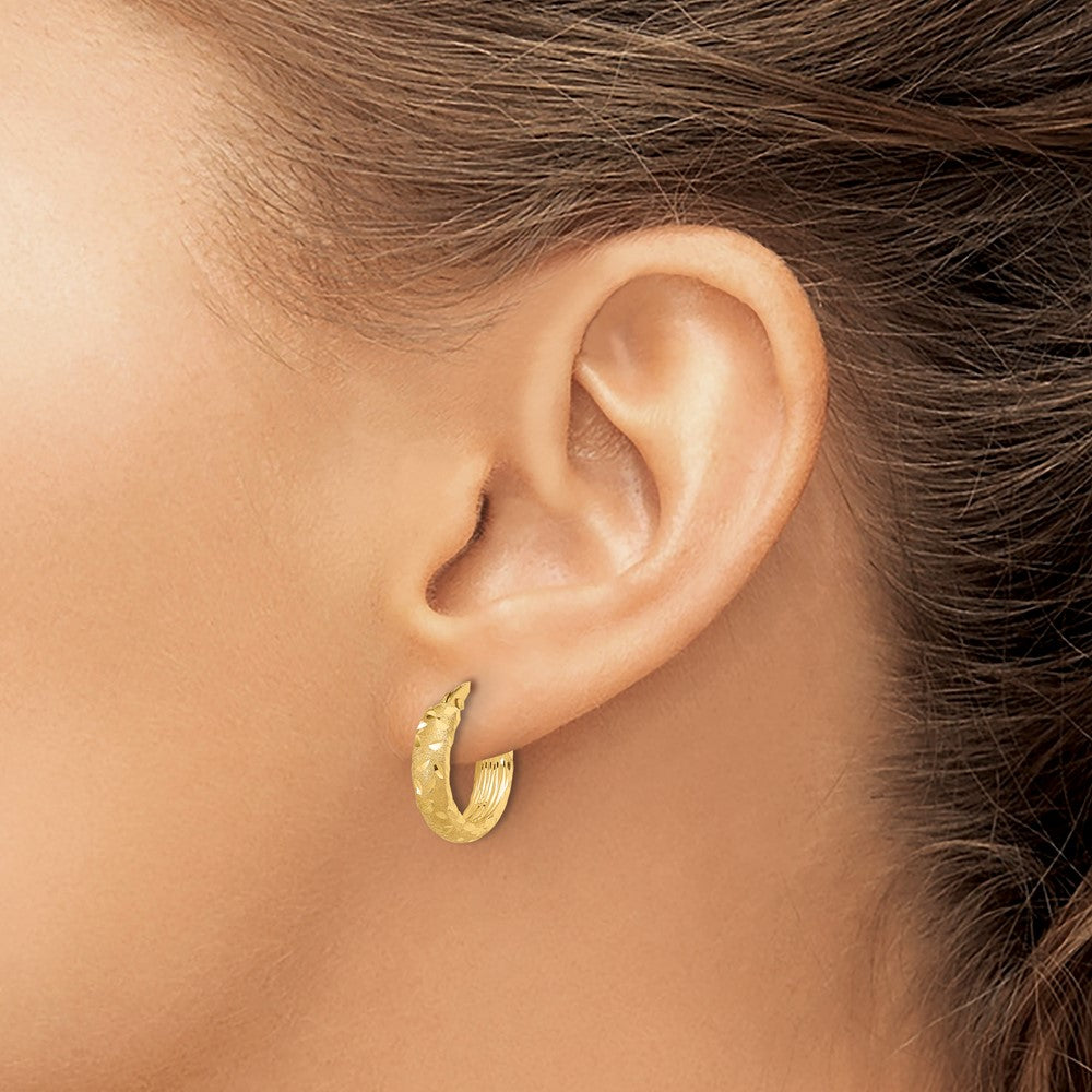 14K Satin 4mm Diamond Cut Hoop Earrings