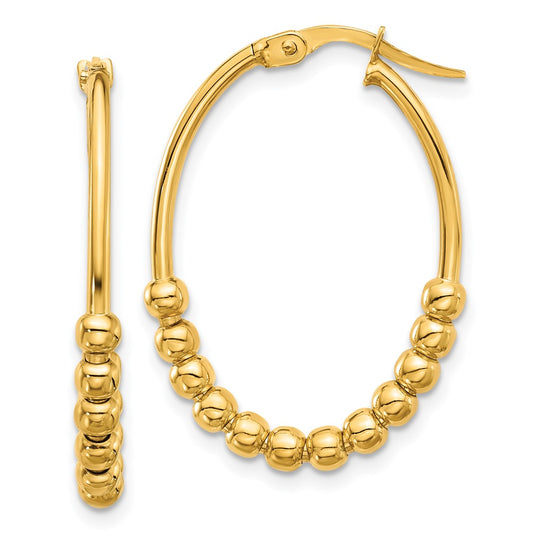 14K Polished Beaded Oval Hoop Earrings