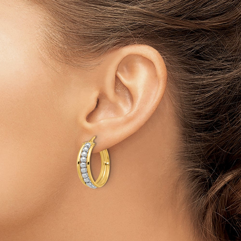 14K Two-tone Polished and Beaded Hoop Earrings