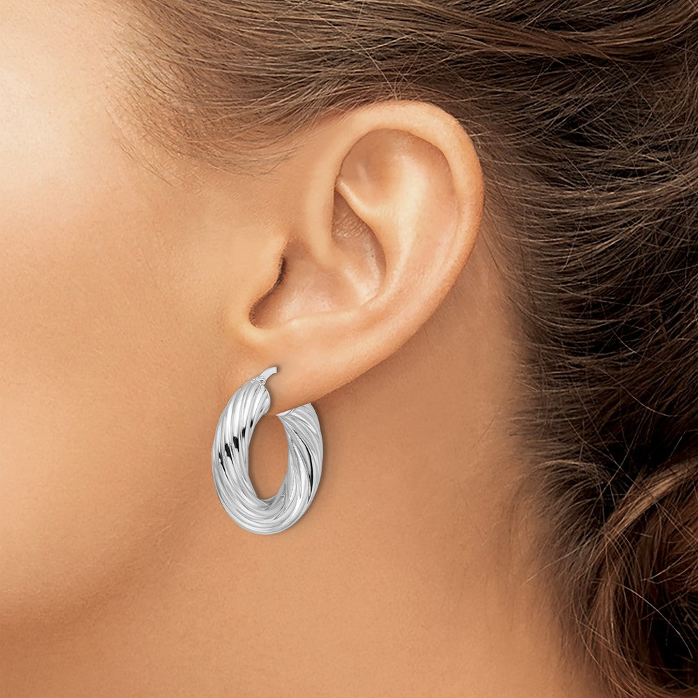 14k White Gold Polished 6mm Twisted Hollow Round Hoop Earrings
