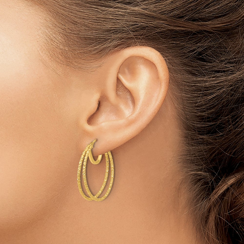 14K Polished and Textured Double Circle Hoop Earrings