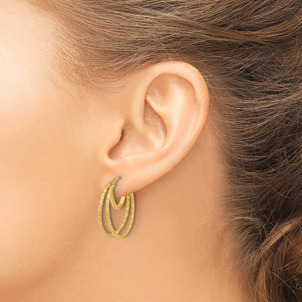 14K Polished and Textured Double Circle Hoop Earrings