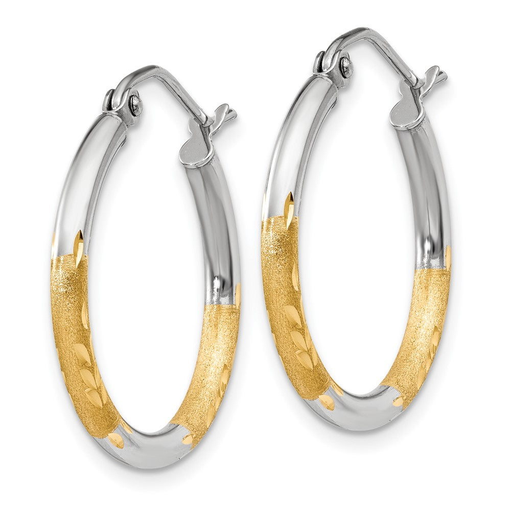 14k Yellow Gold w/White Rhodium 2mm Satin and Polished Diamond-cut Hoop Earrings