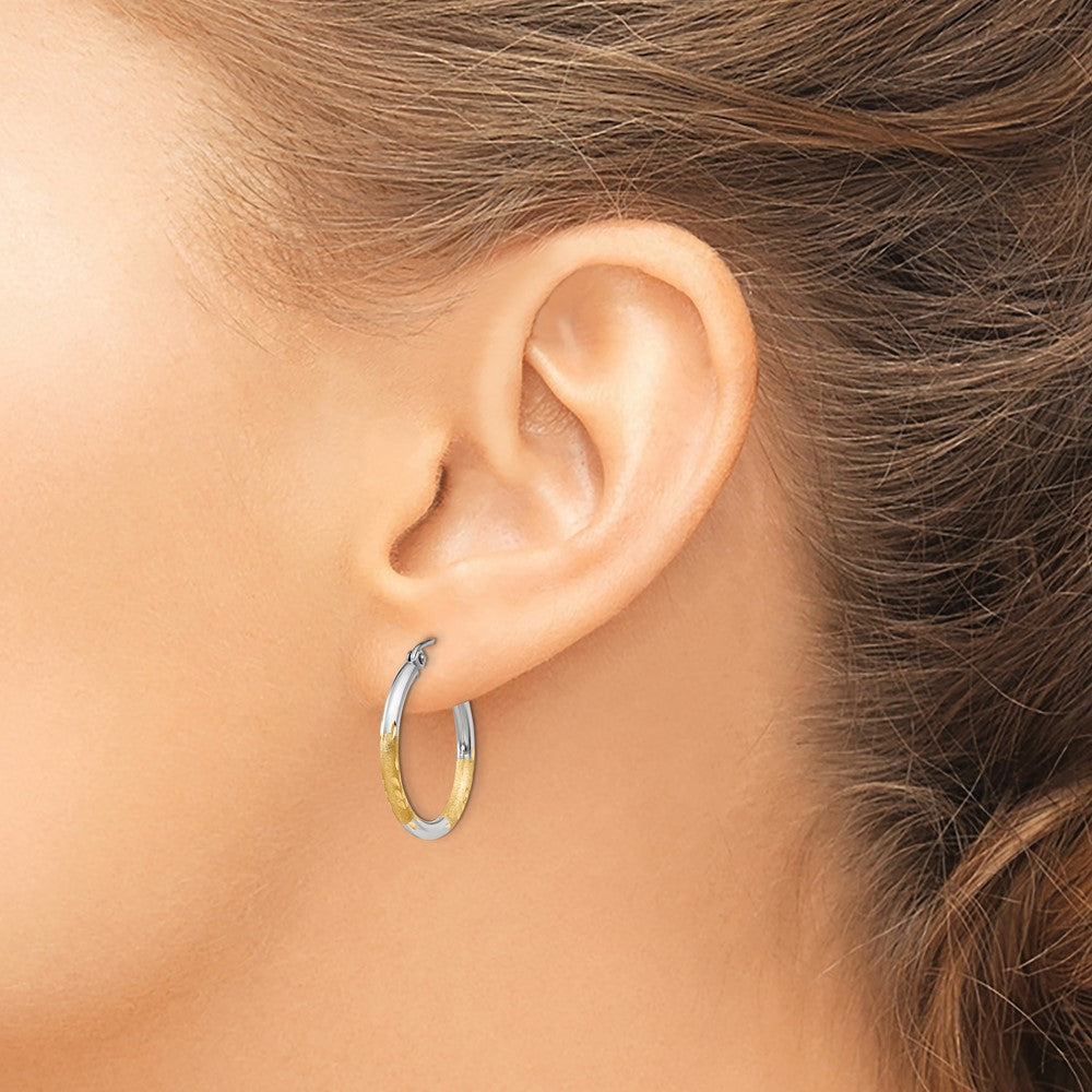 14k Yellow Gold w/White Rhodium 2mm Satin and Polished Diamond-cut Hoop Earrings