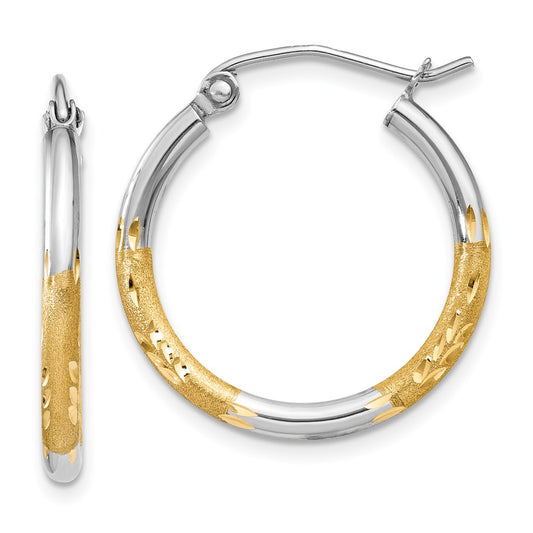 14k Yellow Gold w/White Rhodium 2mm Satin and Polished Diamond-cut Hoop Earrings