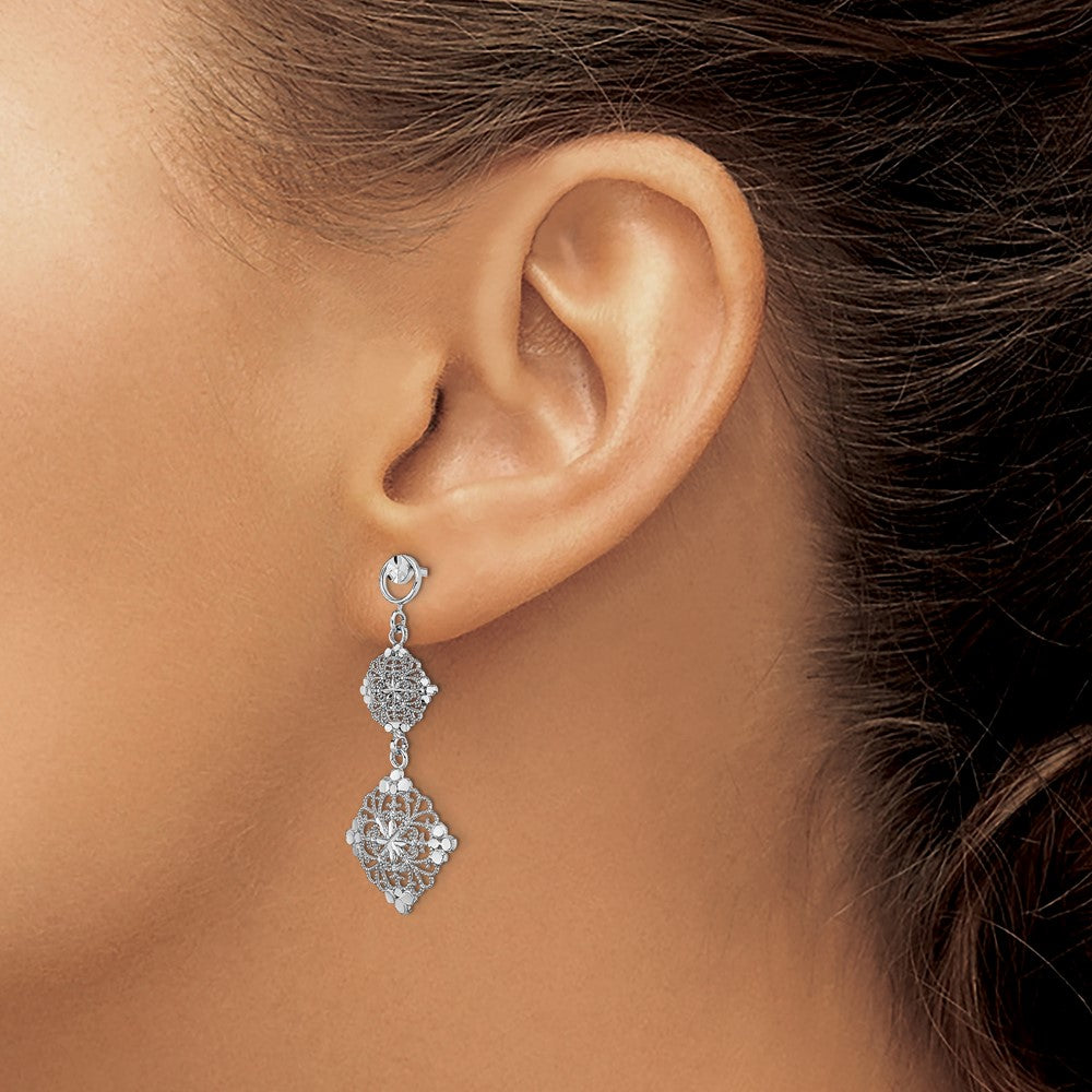 14k White Gold D/C Filigree Medallion Drop Earrings