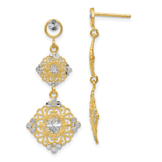 14k Yellow Gold Rhodium Diamond-cut Filigree Dangle Earrings