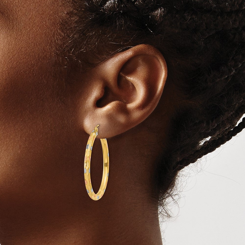 14k w/White and Rose Rhodium D/C Hoop Earrings