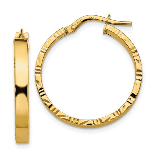 14K Diamond Cut Edge Medium 3mm Polished Hoop Earrings