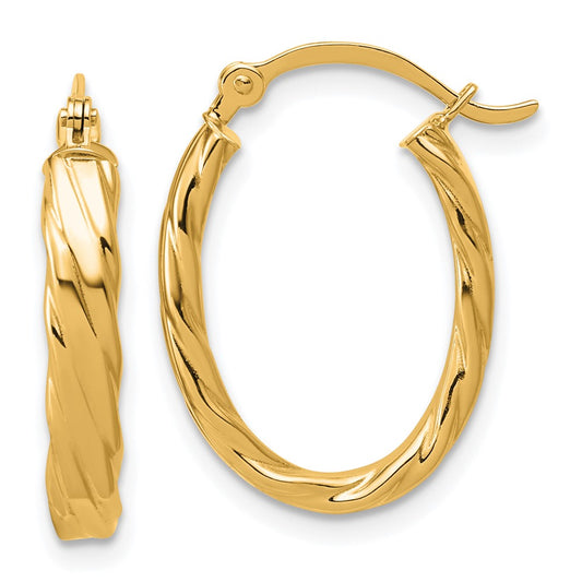 14K 3mm Patterned Oval Hoop Earrings