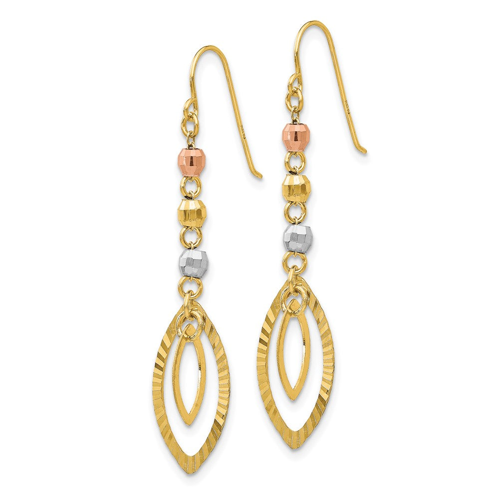 14K Yellow Gold Tri-Color Diamond-cut Bead Oval Dangle Earrings