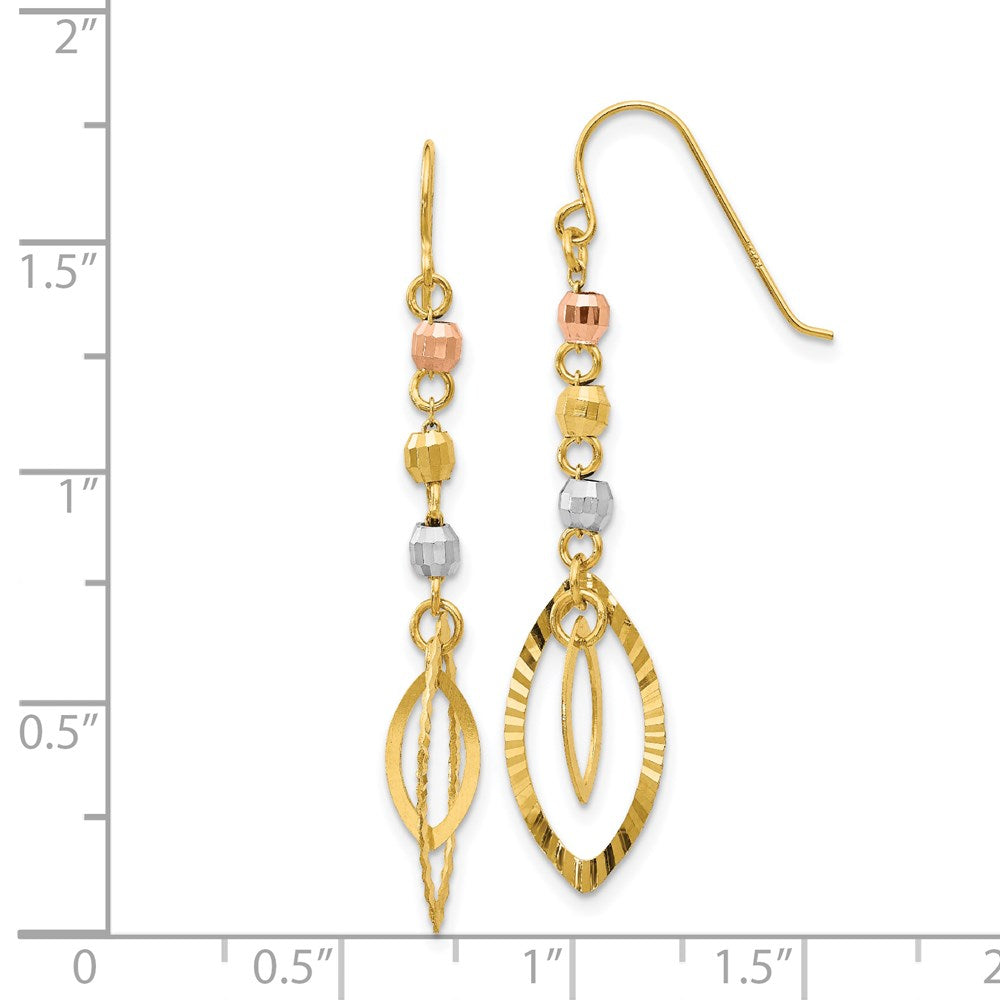 14K Yellow Gold Tri-Color Diamond-cut Bead Oval Dangle Earrings
