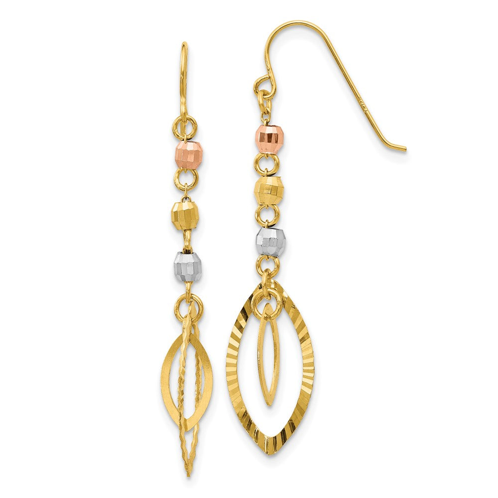 14K Yellow Gold Tri-Color Diamond-cut Bead Oval Dangle Earrings
