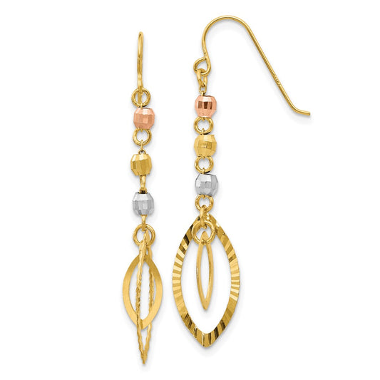 14K Yellow Gold Tri-Color Diamond-cut Bead Oval Dangle Earrings