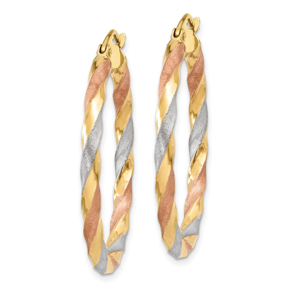 14k Yellow Gold White & Rose Rhodium Satin Twisted Hoop Earrings