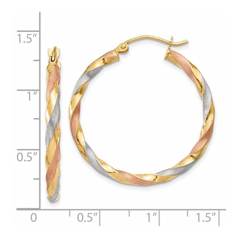 14k Yellow Gold White & Rose Rhodium Satin Twisted Hoop Earrings