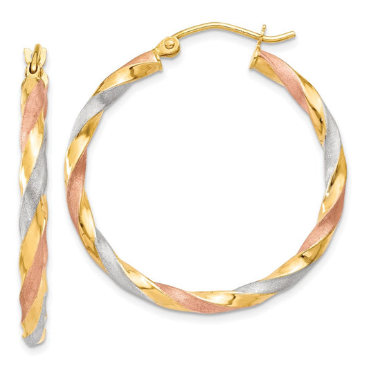 14k Yellow Gold White & Rose Rhodium Satin Twisted Hoop Earrings