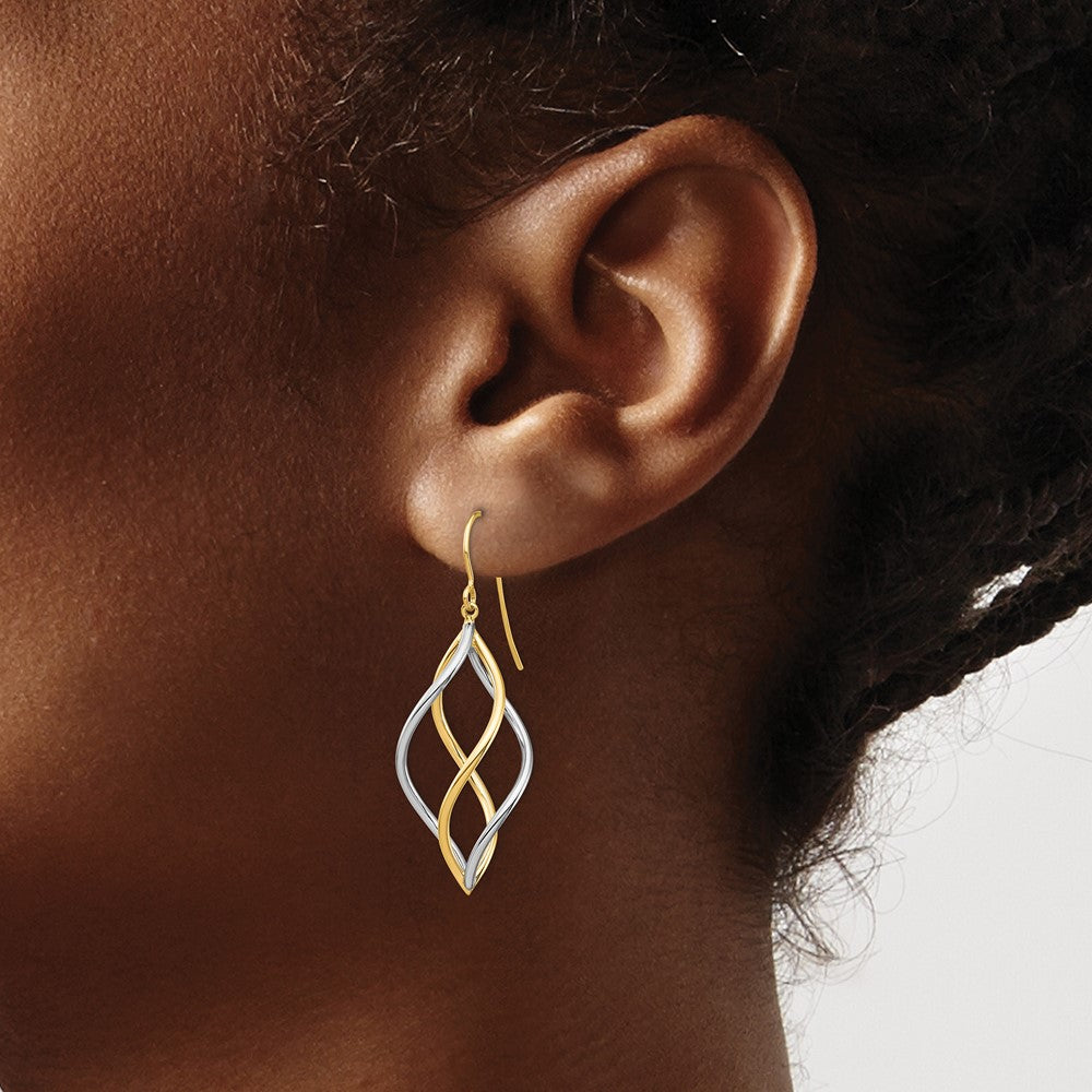 14K Yellow Gold Two-Tone Twisted Polished Dangle Shepherd Hook Earrings