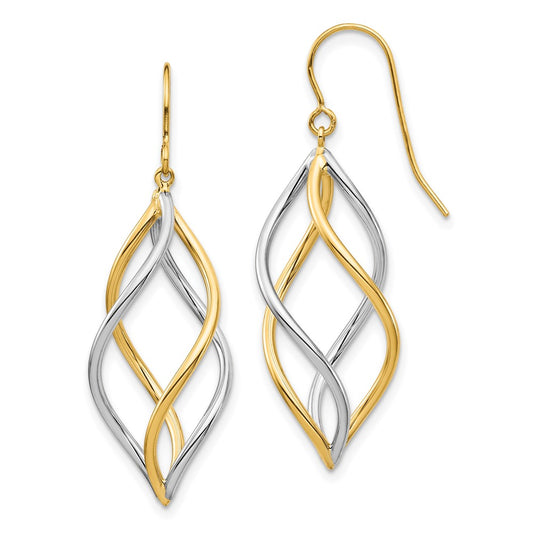 14K Yellow Gold Two-Tone Twisted Polished Dangle Shepherd Hook Earrings