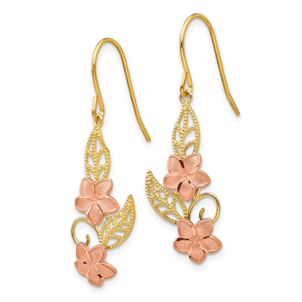 14K Yellow Gold Two-tone Fancy Plumeria Dangle Earrings