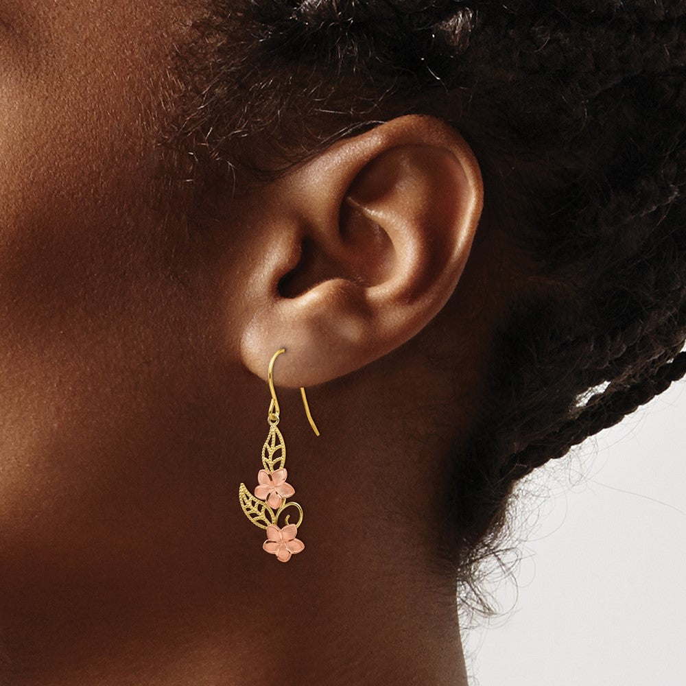 14K Yellow Gold Two-tone Fancy Plumeria Dangle Earrings