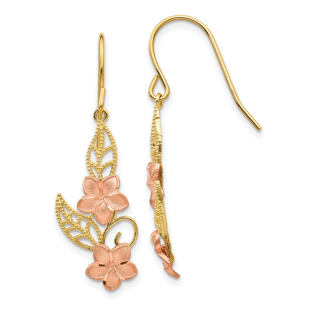 14K Yellow Gold Two-tone Fancy Plumeria Dangle Earrings