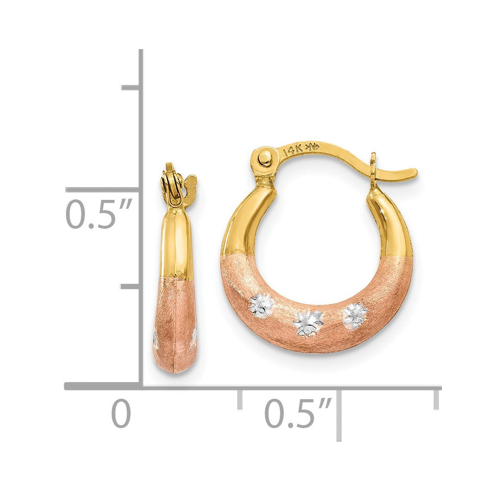 14K Yellow Gold & White and Rose Rhodium Flower Hoop Earrings