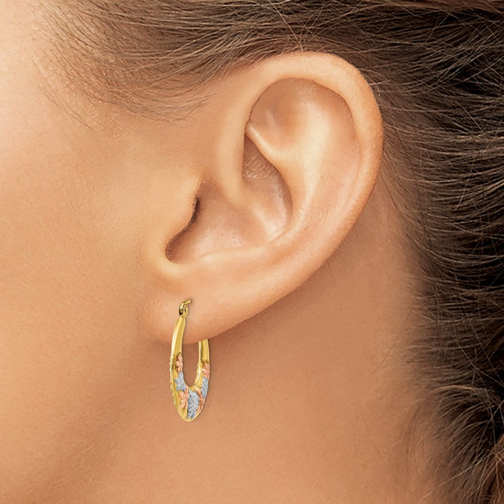 14K & White and Rose Rhodium Hollow Flowers Hoop Earrings