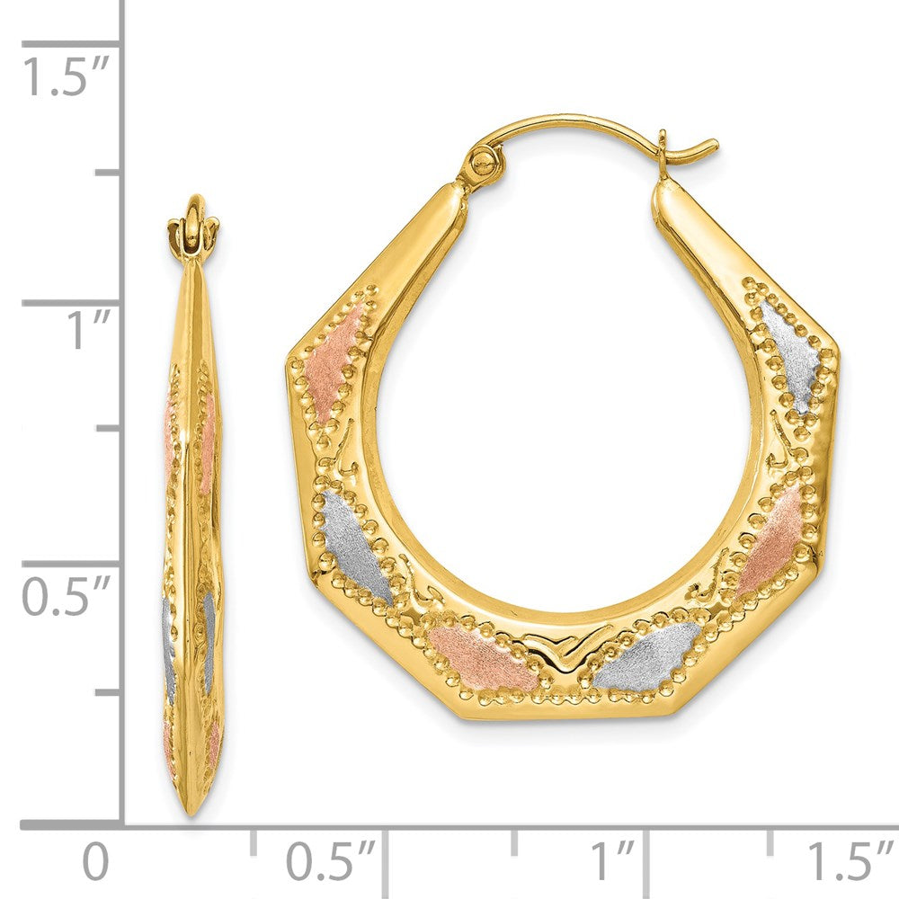 14K Yellow Gold & White and Rose Rhodium Hollow Hoop Earrings