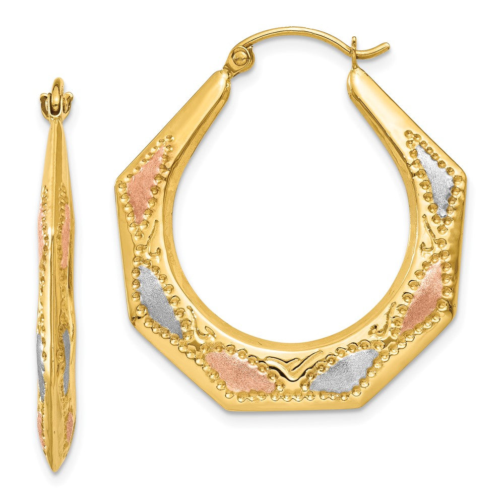 14K Yellow Gold & White and Rose Rhodium Hollow Hoop Earrings