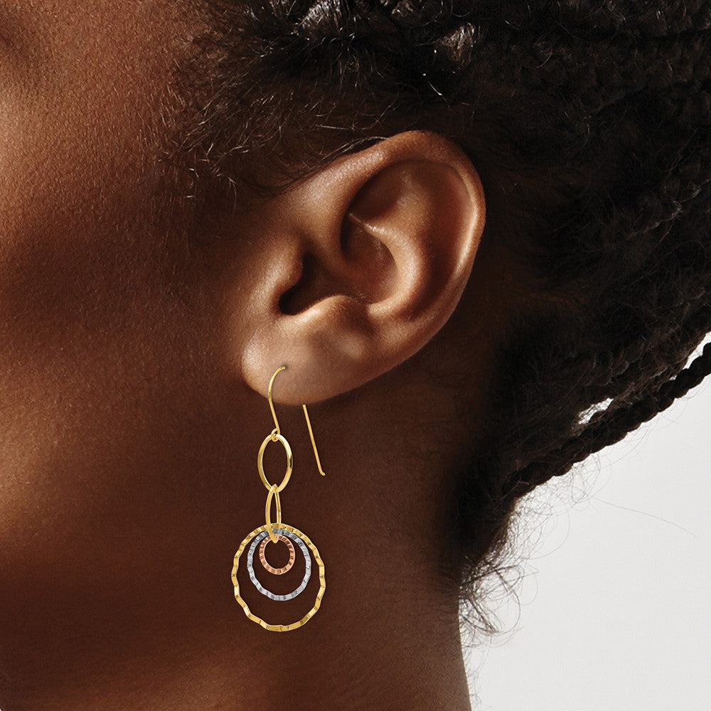 14K Tri-color Textured Circle Dangle Earrings