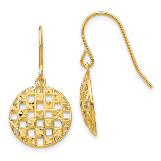 14k Circle Diamond-cut Shepherd Hook Earrings