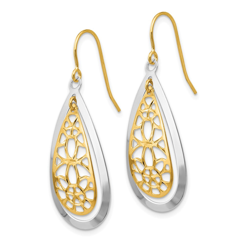14k Yellow Gold Two-tone Diamond Cut Polished Fancy Dangle Earrings