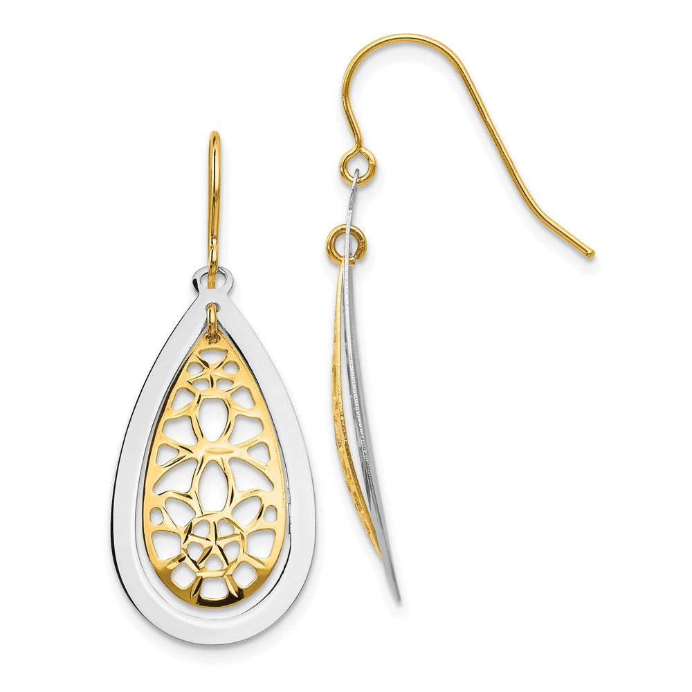 14k Yellow Gold Two-tone Diamond Cut Polished Fancy Dangle Earrings