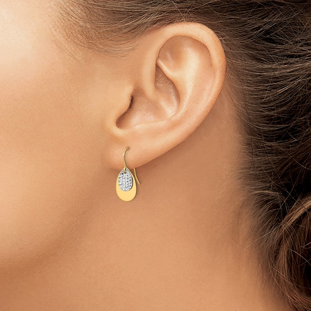 14k Two-tone Polished/Textured Teardrop Dangle Earrings