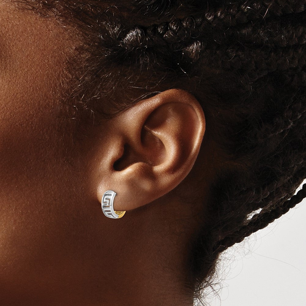 14k Two-tone Greek Key Hinged Hoop Earrings
