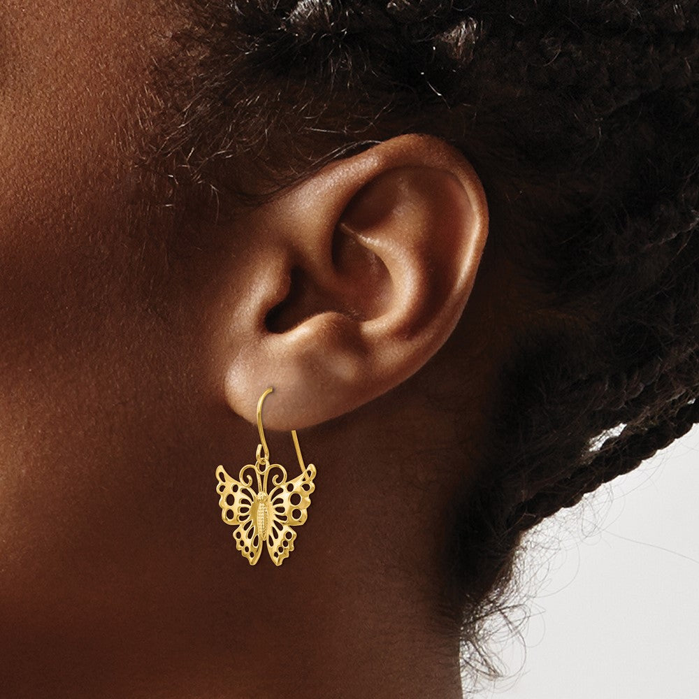 14k Dangle Butterfly Shepherd Hook Earrings