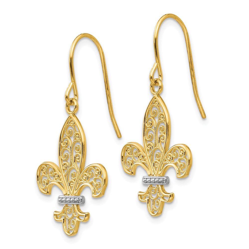 14k Yellow Gold & Rhodium Fleur de lis Shepherd Hook Earrings