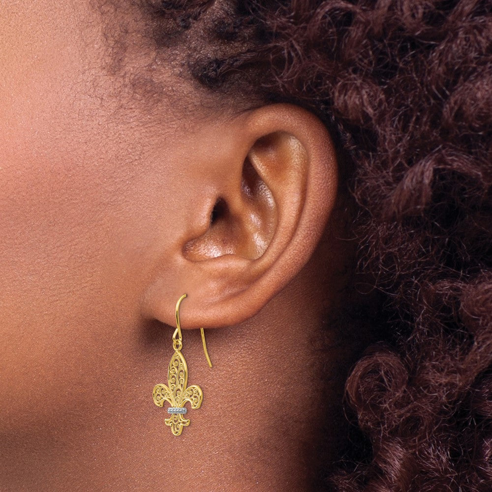 14k Yellow Gold & Rhodium Fleur de lis Shepherd Hook Earrings