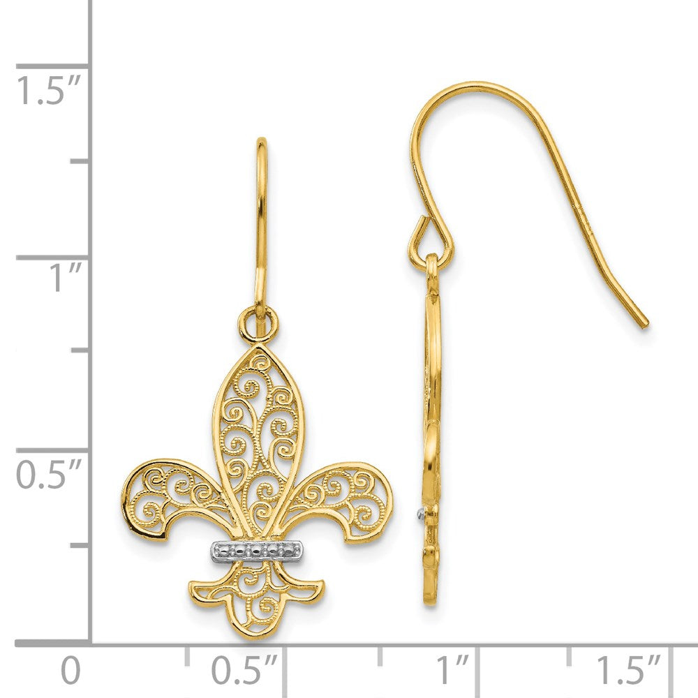 14k Yellow Gold & Rhodium Fleur de lis Shepherd Hook Earrings