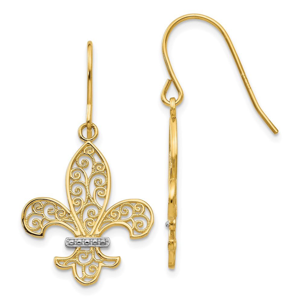 14k Yellow Gold & Rhodium Fleur de lis Shepherd Hook Earrings