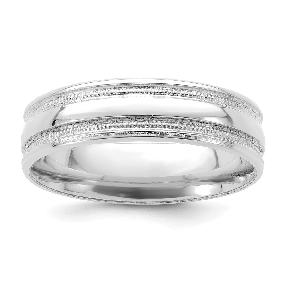 14k White Gold 6mm Standard Weight Comfort Fit Beaded Grooved Fancy Wedding Band Size 9