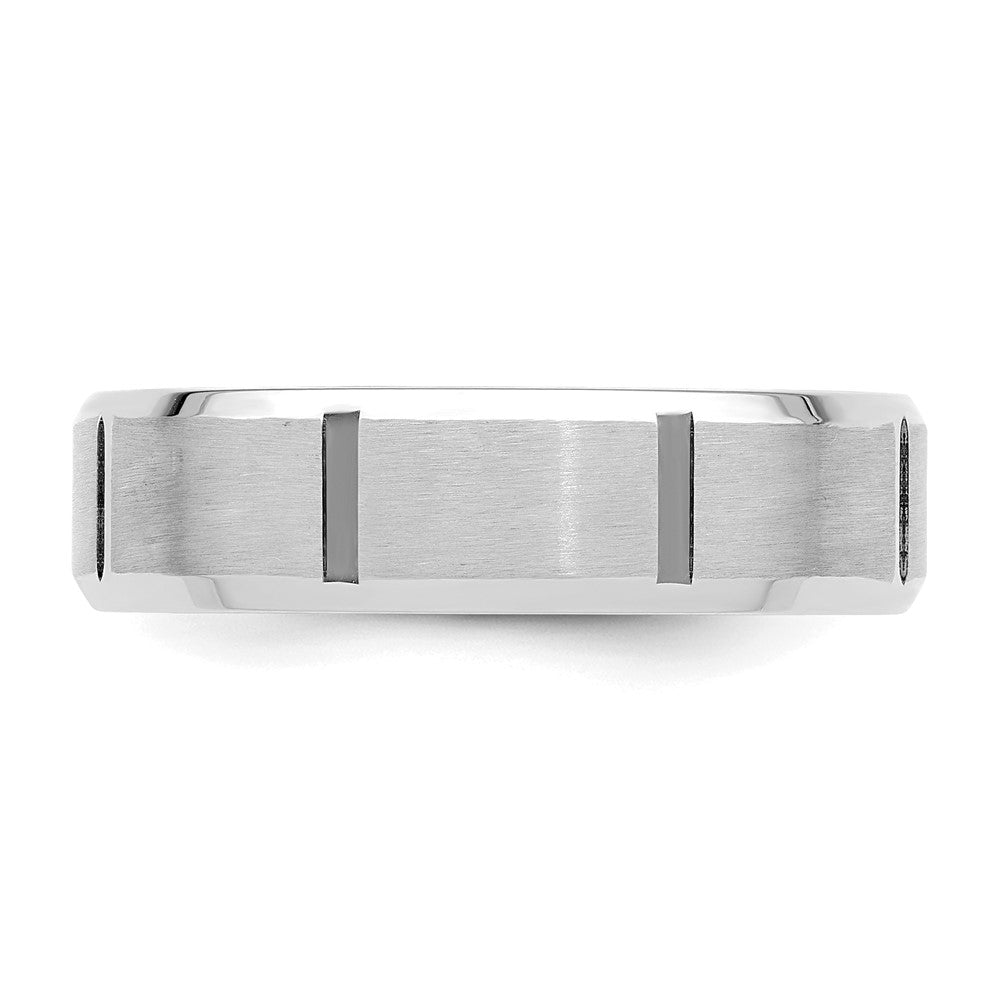 14k White Gold 6mm Heavyweight Comfort Fit Brushed/Polished Beveled Edge with Vertical Lines Wedding Band Size 10.5