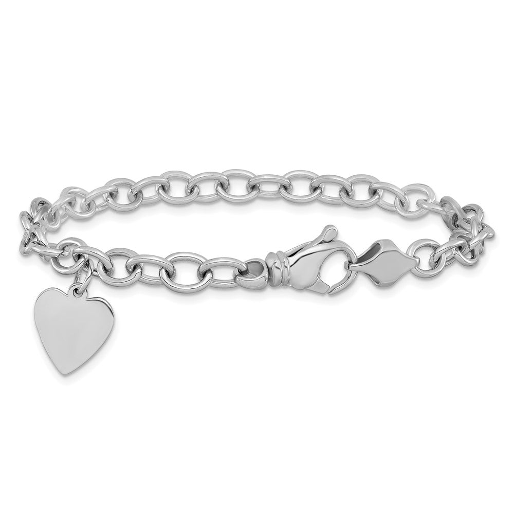 14k White Gold 8.5in Polished Engravable Link with Heart Charm Bracelet