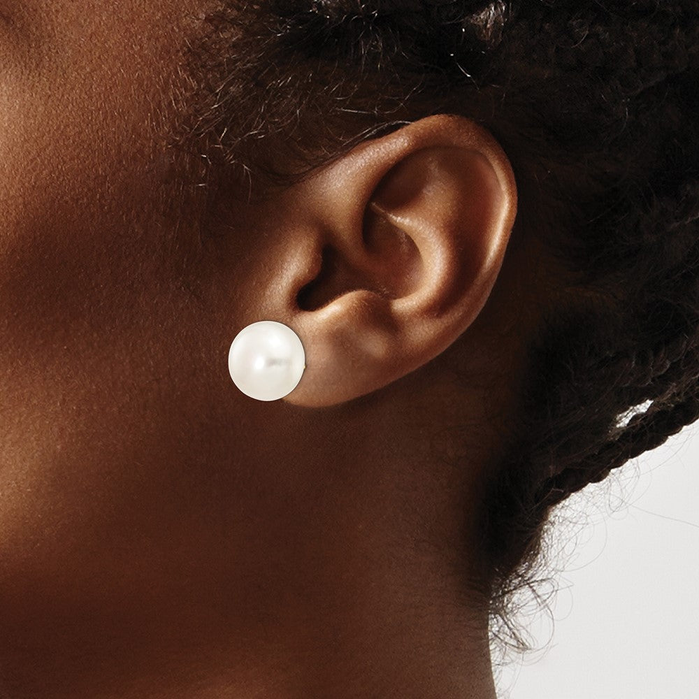 14k 12-13mm White Button Freshwater Cultured Pearl Stud Post Earrings