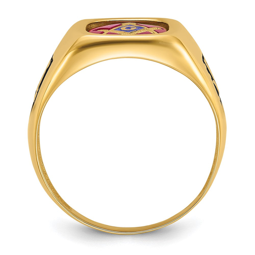 14k Men's Polished and Textured with Black Enamel and Lab Created Ruby Masonic Ring