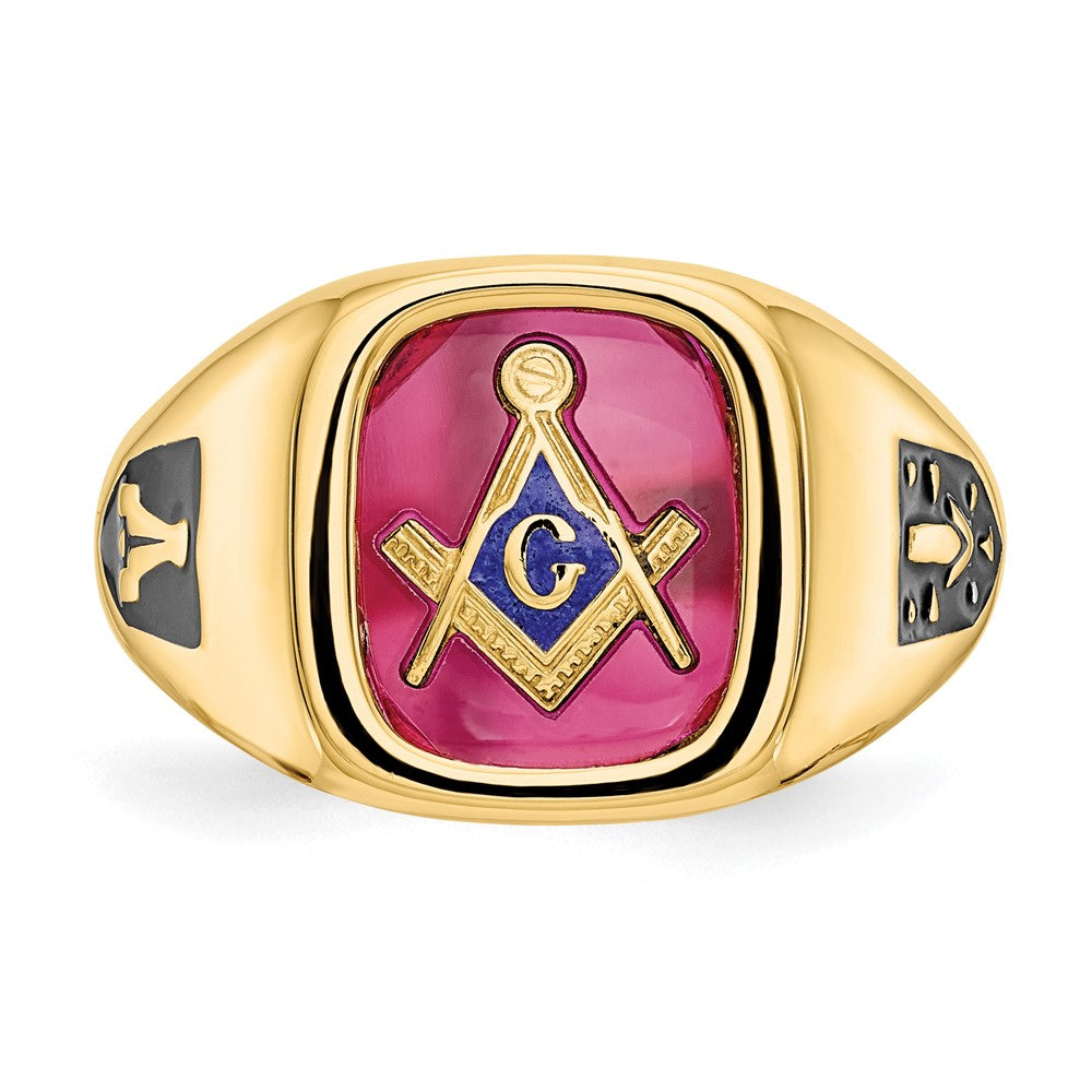 14k Men's Polished and Textured with Black Enamel and Lab Created Ruby Masonic Ring